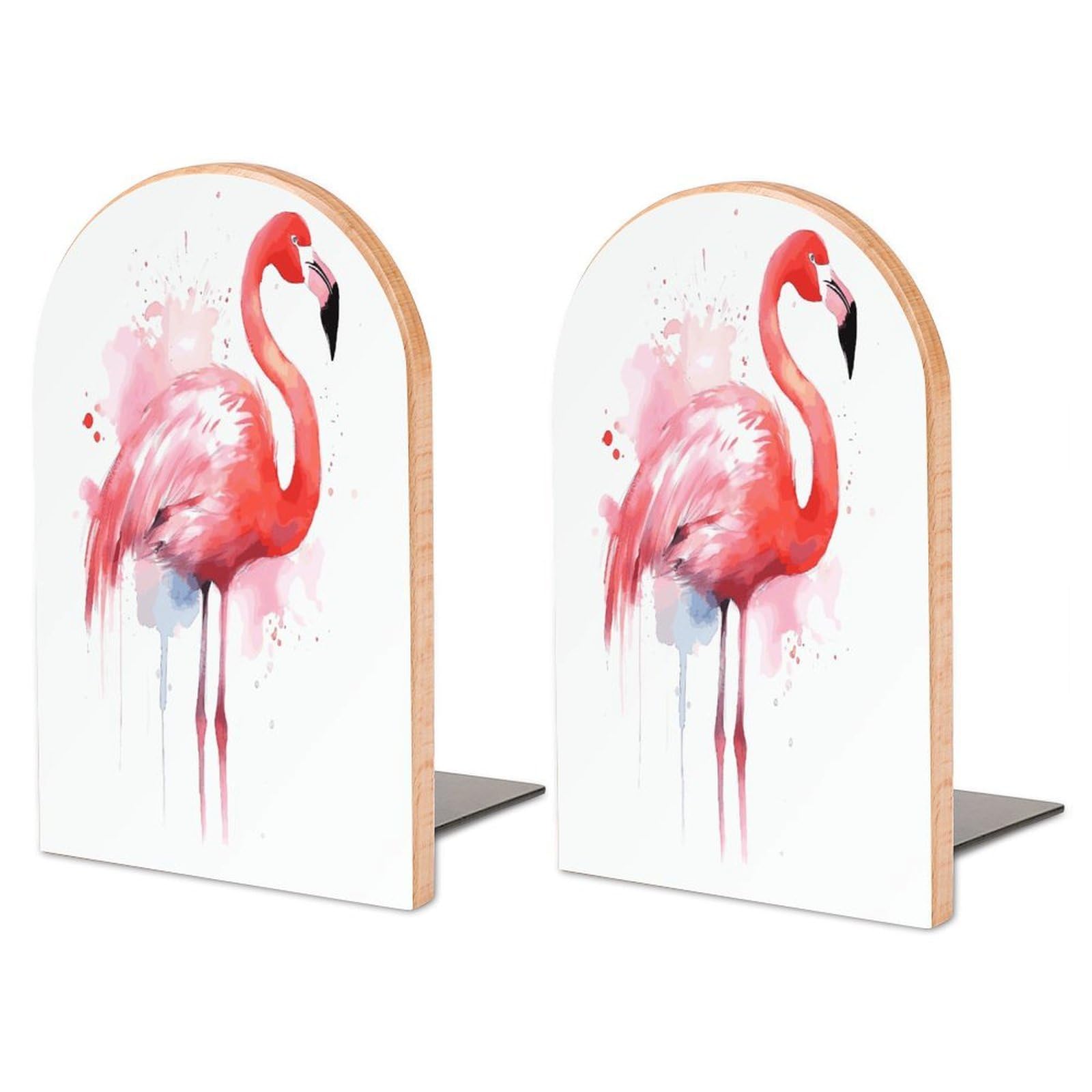 Large Pink Flamingo Watercolor Book End with Metal Base Fashion Heavy Duty Bookend Exquisite Wooden Bookends Non-Skid Book Stopper for Shelves Books Organizer for Office Home 1 Pair