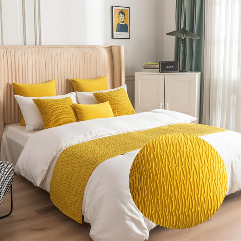 Runner Per Letto Matrimoniale - Sciarpa Plissettata Reversibile Giallo Senape, Decorazione Moderna Per Camera Da Letto - Foto 8