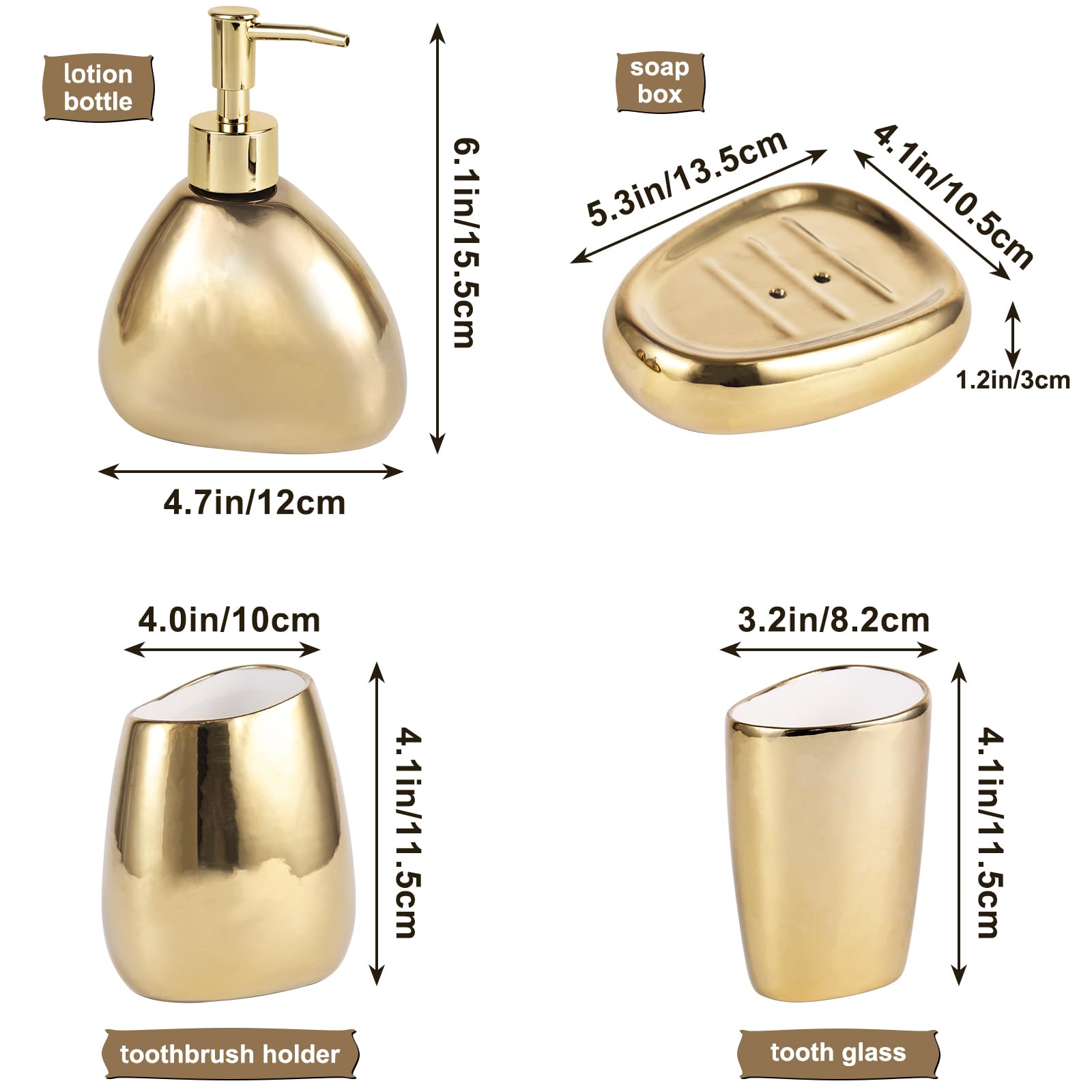 Elegante set da bagno in ceramica elettrolitica da 4 pezzi, dotato di dispenser per lozioni, tazza per collutorio, portasapone, portaspazzolino, set decorativo moderno per il bagno (oro)
