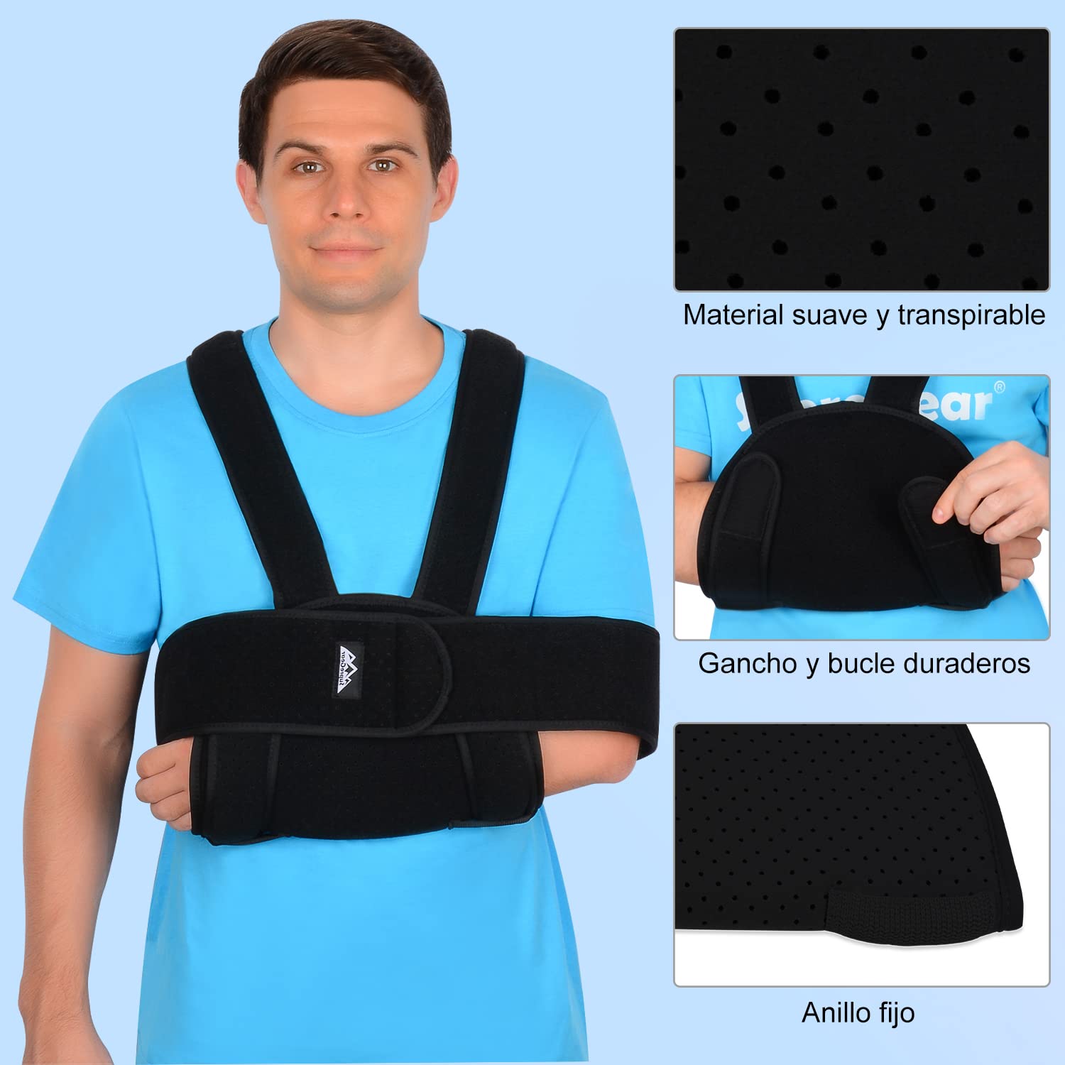 supregear Cabestrillo Brazo de Hombre, Ajustable Cómodo Soporte Hombro Inmovilizador Envolver Respirable para Brazo/Mano/Codo Lesionado - Negro