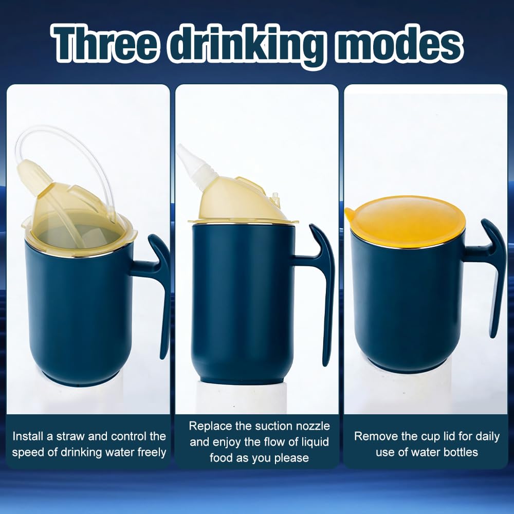 Kubek z dzióbkiem 3 w 1, dla seniorów, 400 ml, szczelny, dla seniorów z uchwytami, dla pacjentów, niepełnosprawnych, macierzyństwa (niebieski)