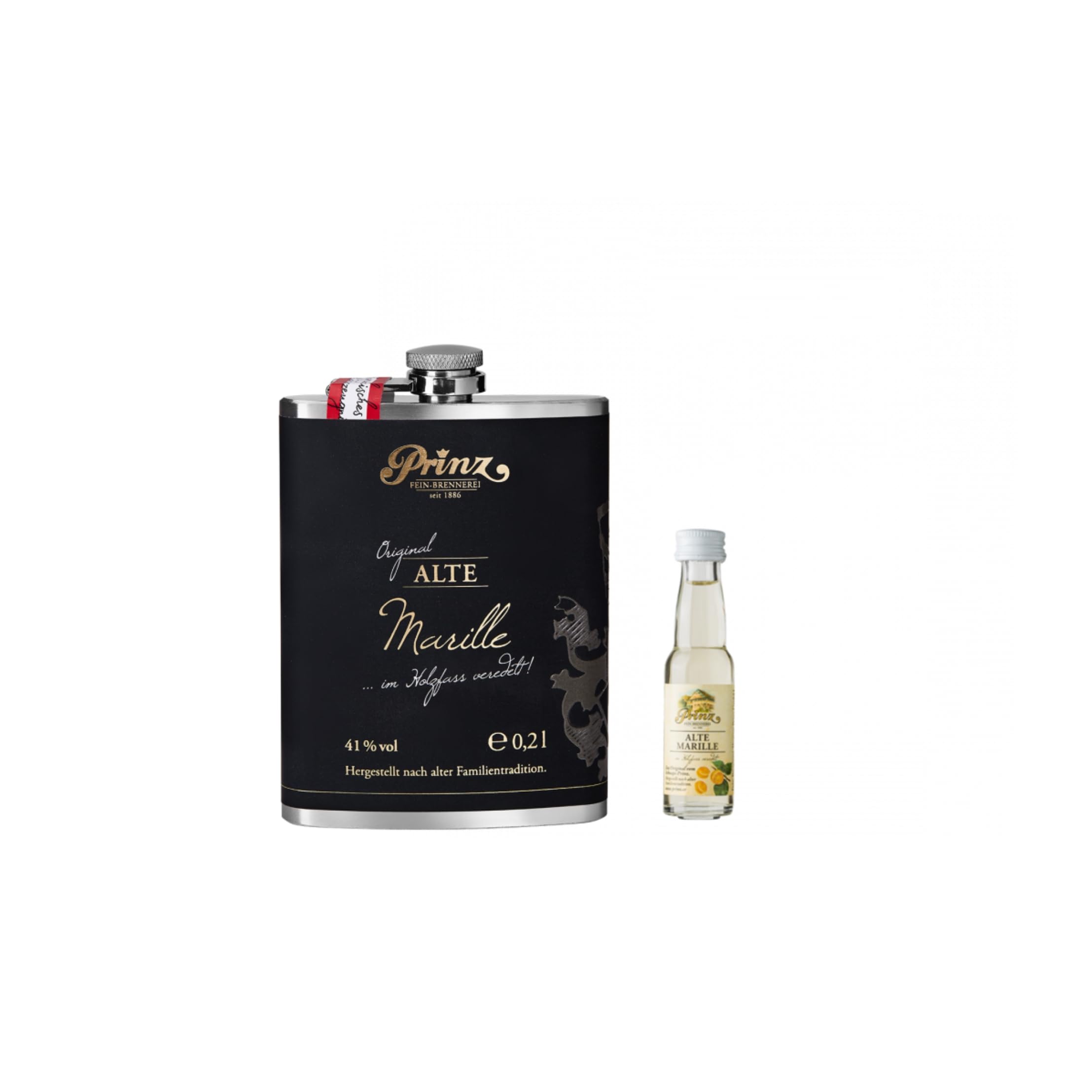 Prinz Flachmann Alte Marille 0,2 + 1 Alte Marille Probe 0,02l + Gutschein für Onlineshop Spirituosen Meile