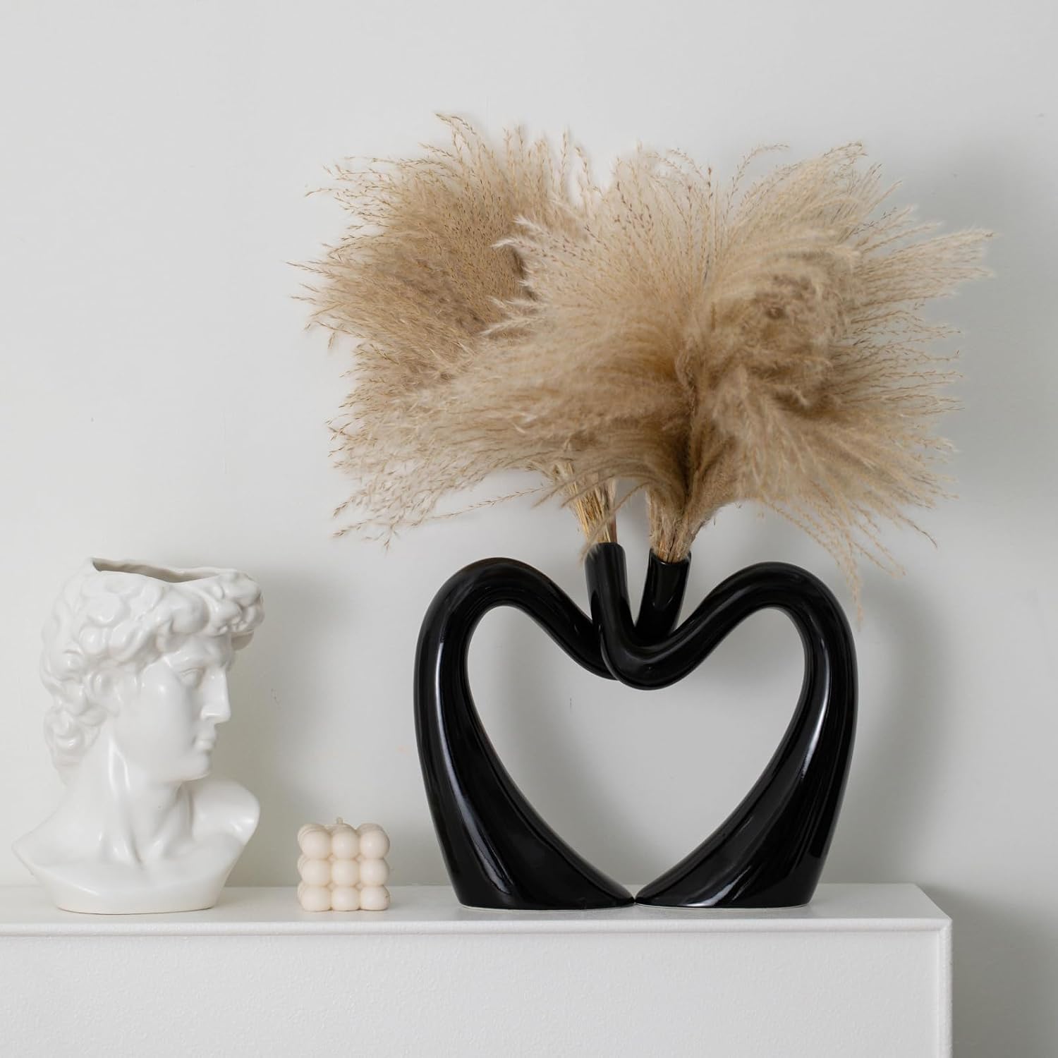 Lvases Black Hollow Ceramic Vases for Home Decor, Love Heart Snuggle Vase Set of 2, Modern Nordic Aesthetic Decorative Vase for Table Centerpiece Living Room Decoration (W 11.8" X H 9.8")