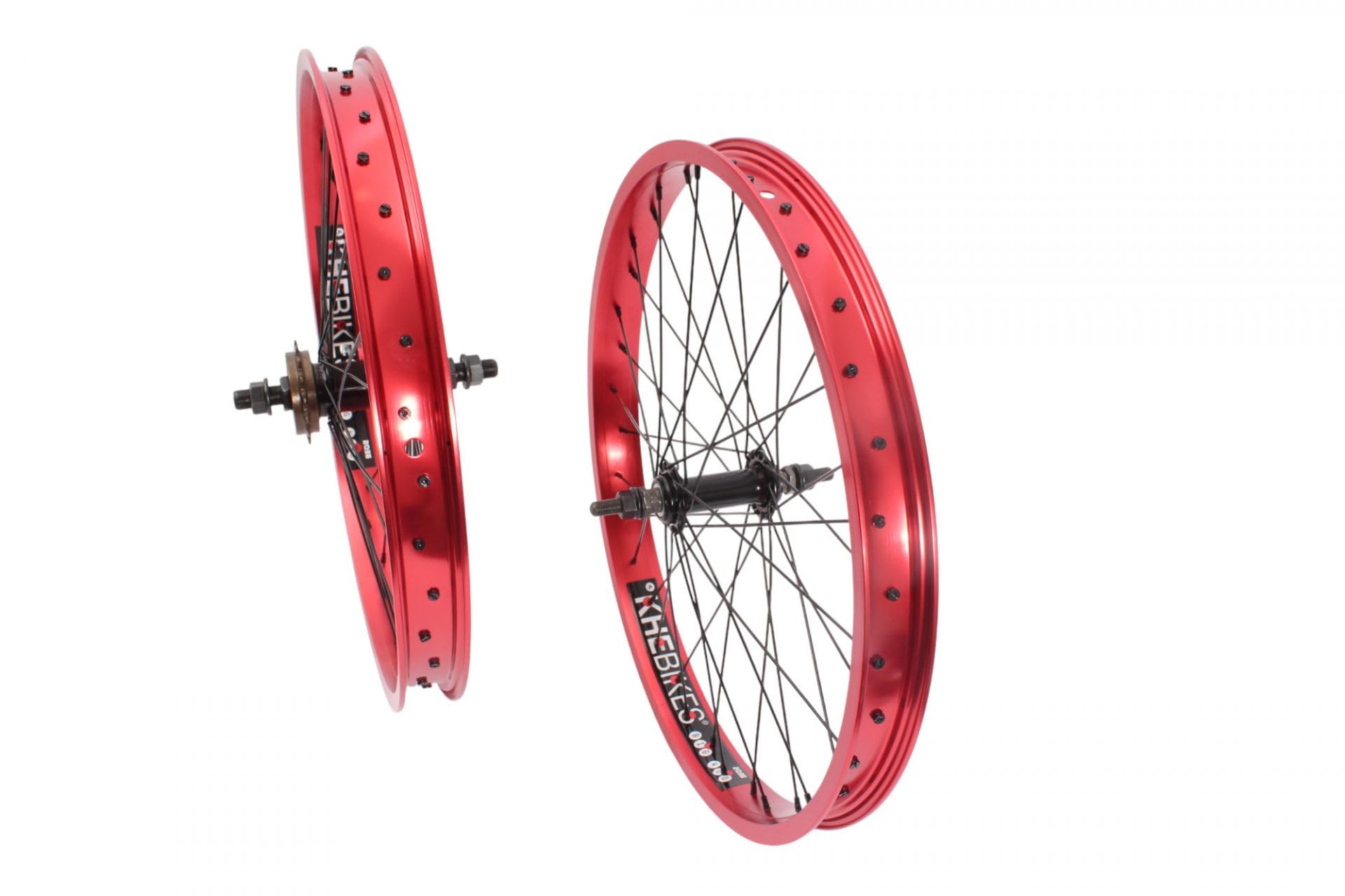 KHE Prism BMX 20 cali zestaw kółek, szerokość 38 mm, aluminium 7005, czerwone anodowane, z zębatką 16T