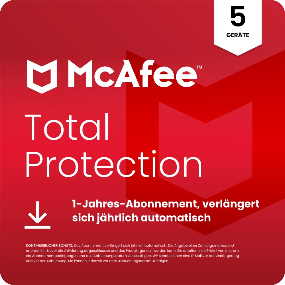 McAfee Total Protection 2026 (5 Geräte) | Virenschutz, VPN, Betrugsschutz, Sicherheitssoftware, Identitätsüberwachung | 1-Jahres-Abonnement mit automatischer Verlängerung | Download