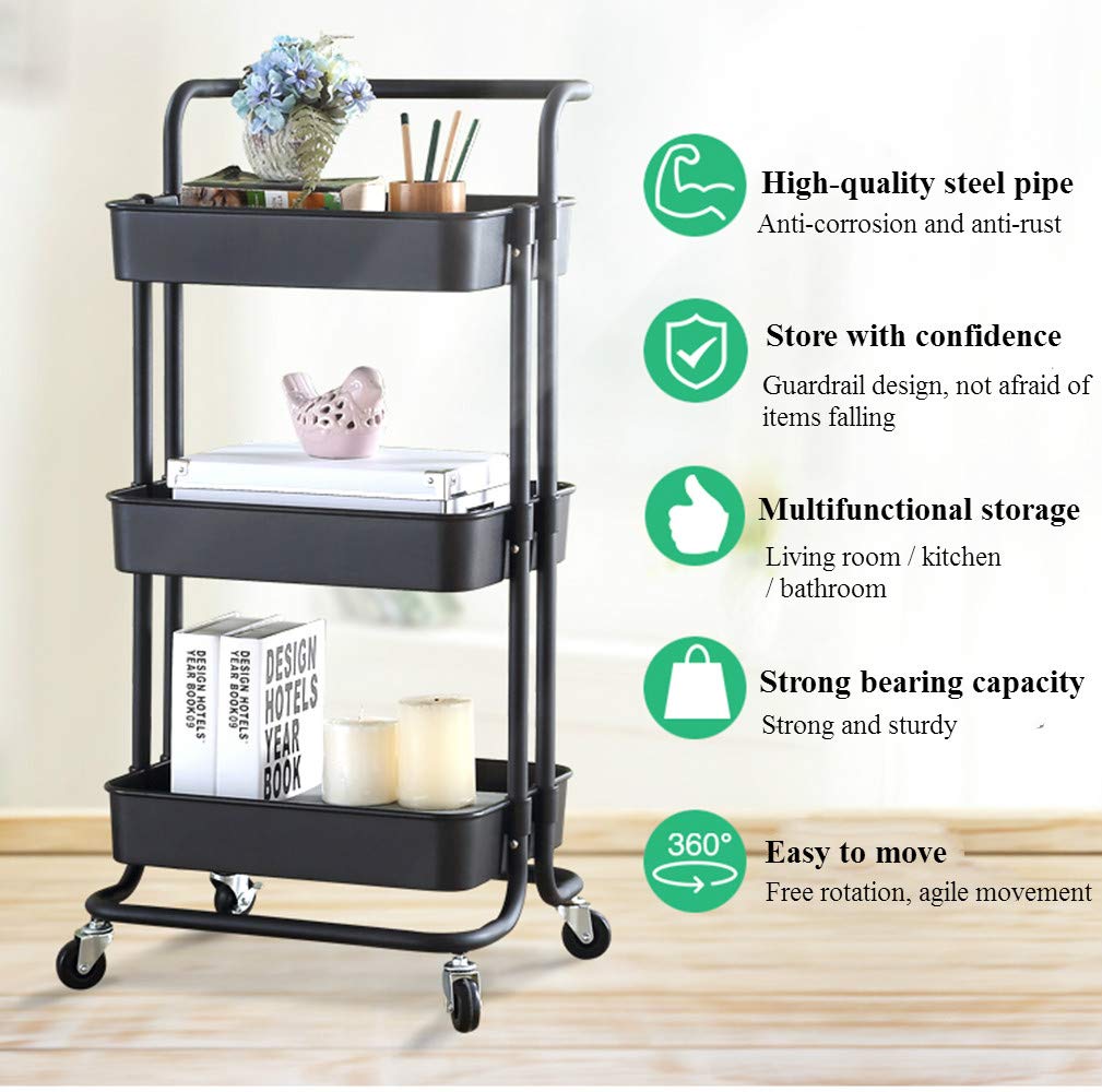 Plastic Storage Trolley Cart 3Tier Storage Cart Rolling Cart, Mental