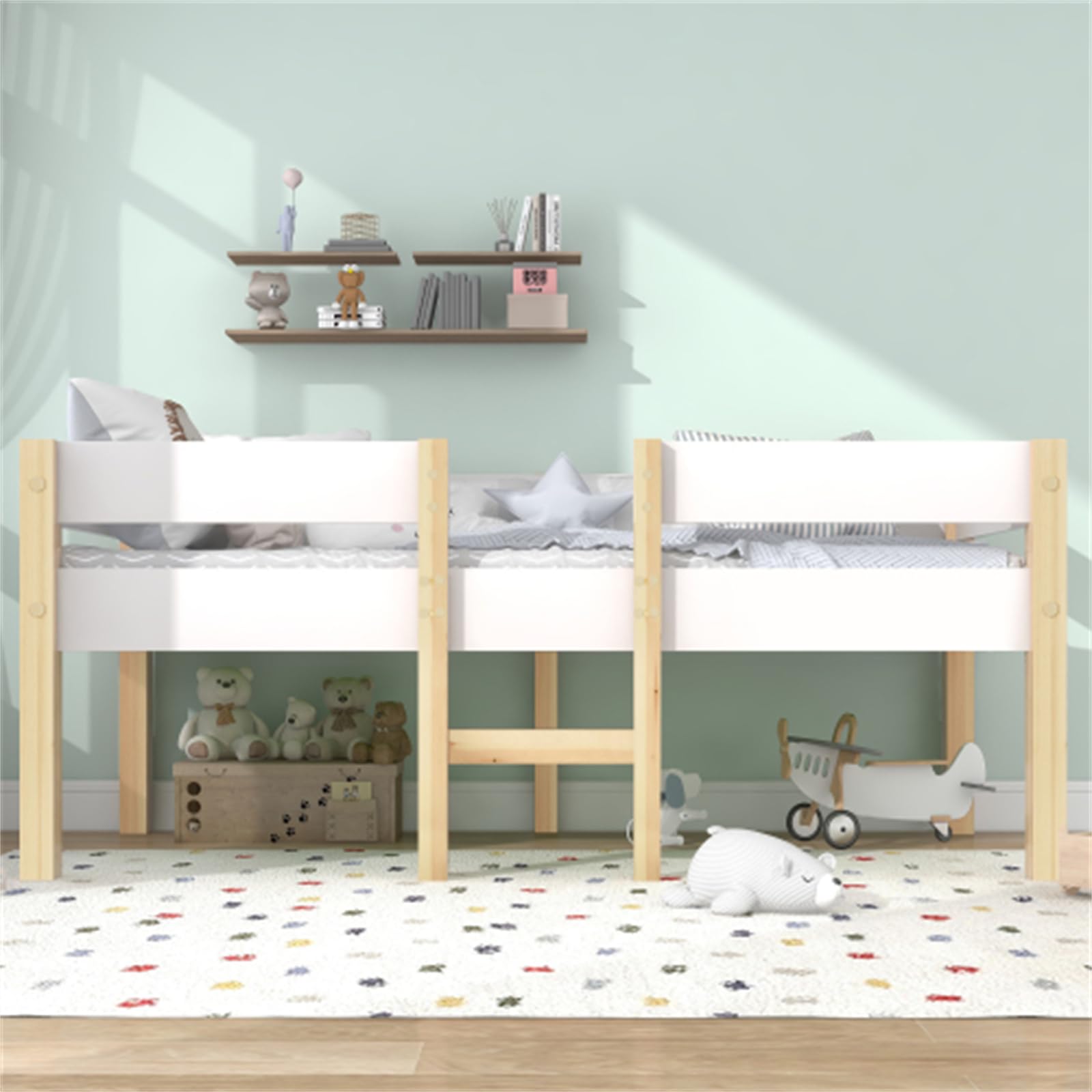 Letto a castello con protezione anticaduta, lettino con griglia e scala, 90 x 200 cm, bianco e rovere, rete a doghe in pino massello per ragazzi e ragazze