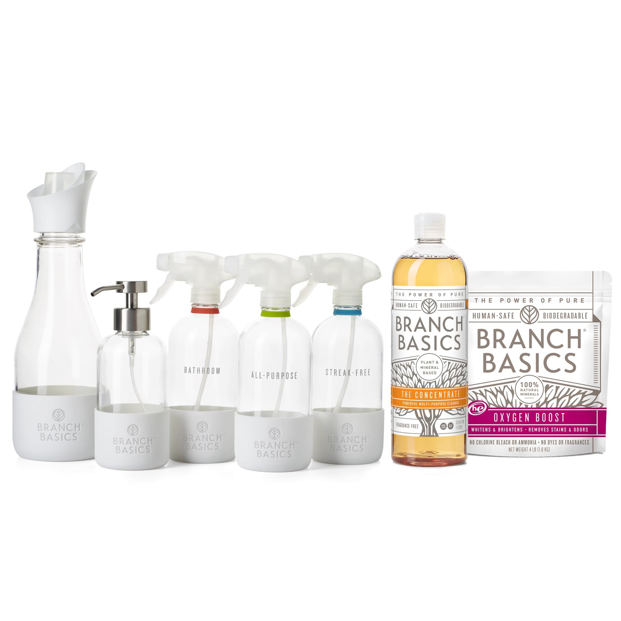 Branch Basics Premium Starter Kit with Glass: Multi-Purpose Cleaner, Glass Cleaner, Bathroom Cleaner, Wash Bottle, Laundry Bottles (3 Glass Spray Bottles + Concentrate) Unscented