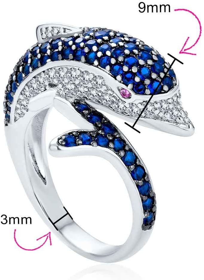Bling Jewelry Nautical Pave Cubic Zirconia Navy Blue CZ Bypass Statement Dolphin Ring For Women Teens Silver Plated Band