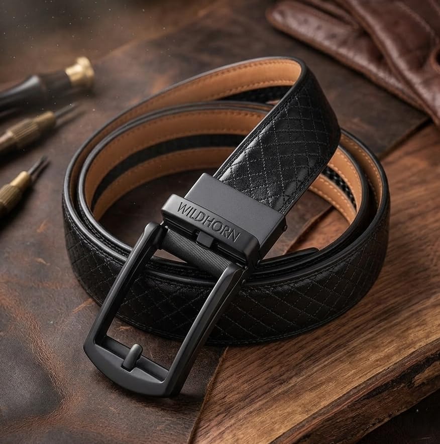 Image of WildHorn Men's Genuine Leather Belt for Men| Premium Auto-Lock Buckle | Adjustable up to 48 inch | Formal & Casual Wear | Micro-Adjust Fit | Stylish Gift Box Included