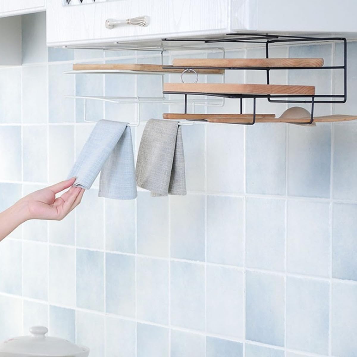 Mensola da Muro Bianca in Ferro a Doppio Strato, Porta Taglieri e Panni, Risparmio Spazio per Cucina e Buffet