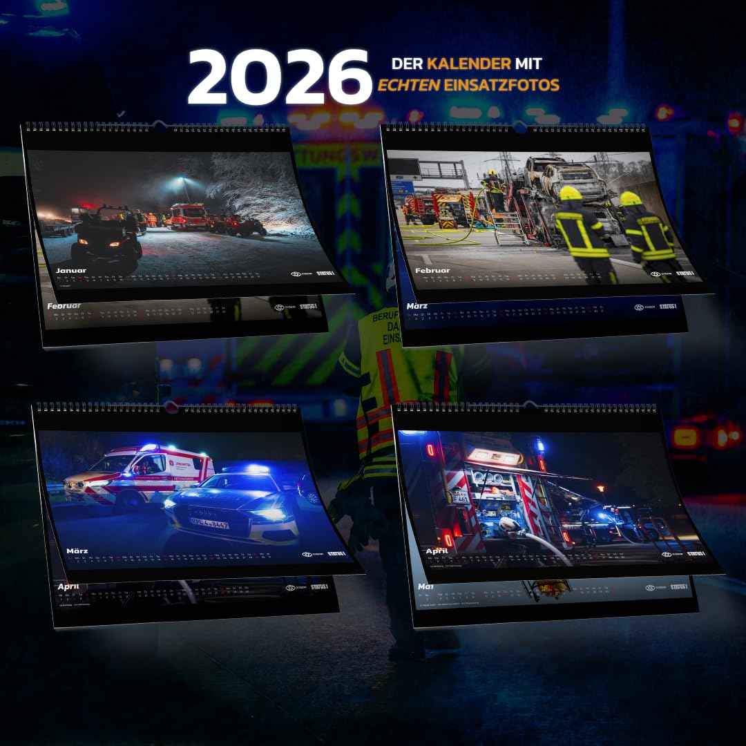 Feuerwehrkalender 2026 (Mega Bundle Wandkalender XXL A2 + A4 & Tischkalender A5) - Echte Einsätze von Feuerwehr, Rettungsdienst & Polizei - der Blaulichtkalender von 5 VISION & STATUS 1