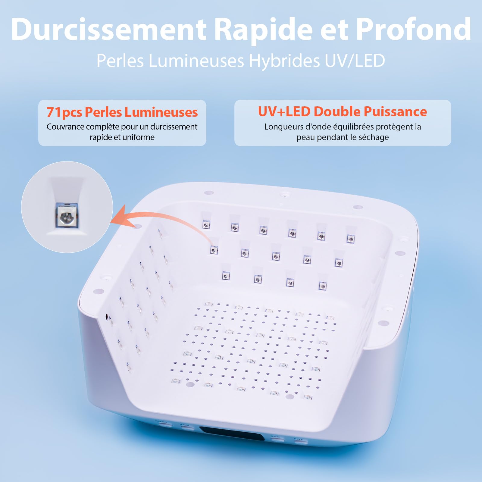 Delanie Lampe à Ongles UV LED pour Vernis Gel avec Double Écran et 71 Perles Lumineuses, Lampe LED Professionnelle pour Ongles avec 4 Réglages de Minuterie, Capteur Automatique et Base Amovible