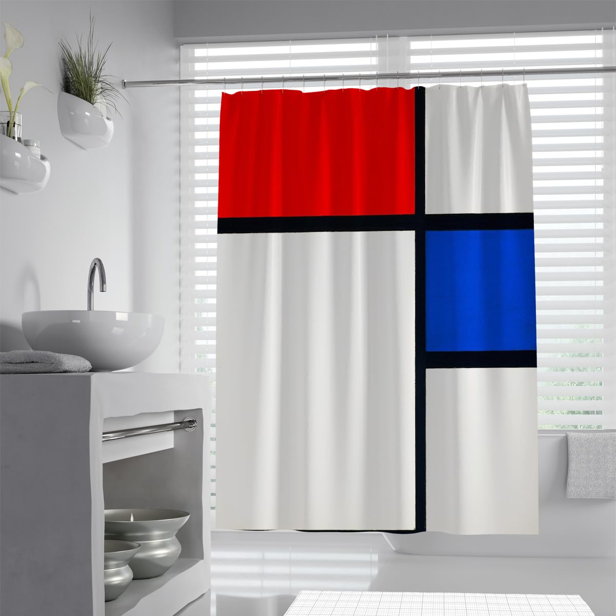 OLLIAR Home Contemporary Abstract Plaid Shower Curtain Set Geometric Cross Bold Red Royal Blue Squares Waterproof Cloth Shower Curtain with Hooks 200x220cm