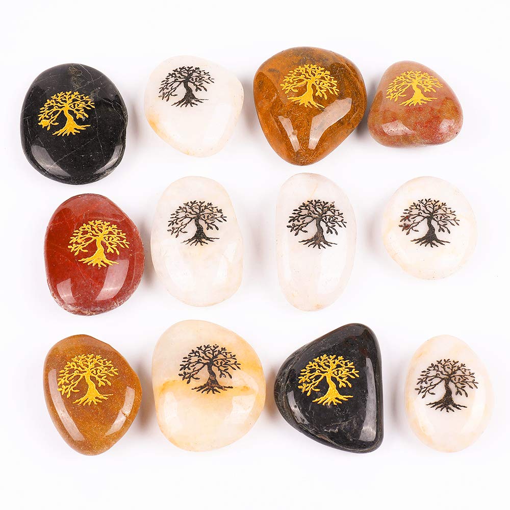 ROCKIMPACT 12PCS Life Tree Engraved Inspirational Stones, Pocket Word Stone River Rock, Zen Chakra Healing Palm Stone, Positive Encouraging Rocks, Tree of Life Organic Growth (Pack of 12, Life Tree)