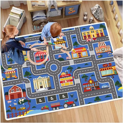 Xyrjova Play Mat Kids Rug for Boys and Girls, Non-Slip Playroom Rug Car Rugs for Kids Toy Cars Kid Classroom Road Rugs for Kid