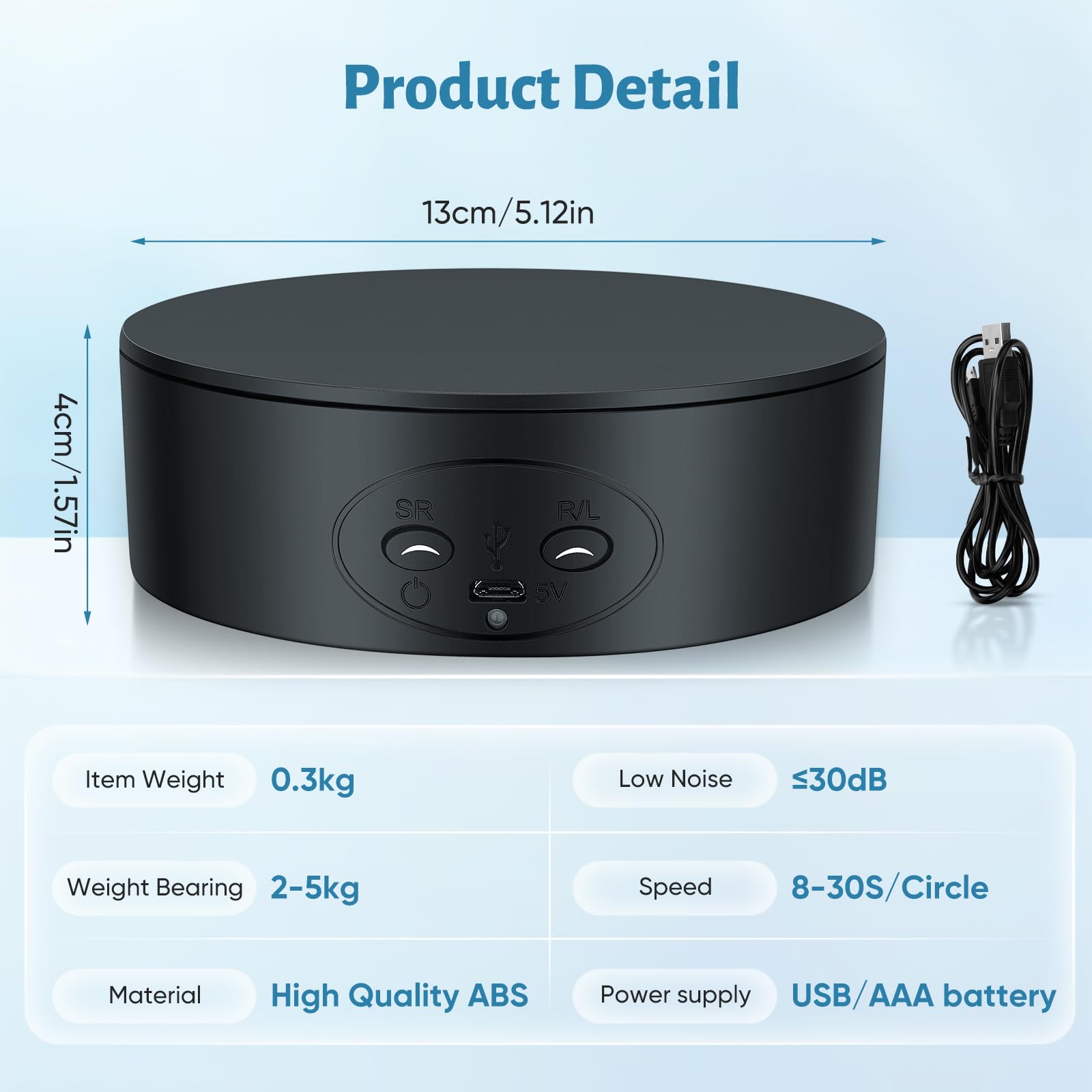 Piattaforma Girevole Elettrica, 13CM e 5KG Espositore Girevole Automatico a 360° con Direzione, Velocità Regolabile per Esposizione di Gioielli, Prodotti Digitali (Nero)