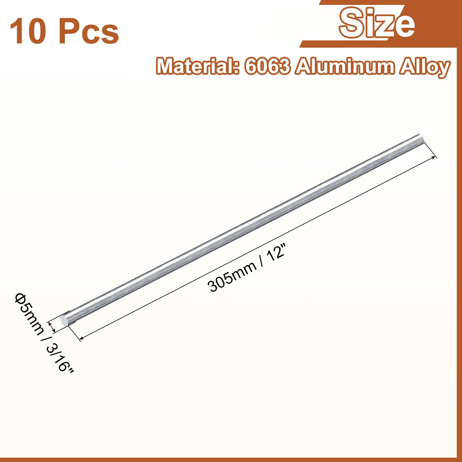 sourcing map Lot de 10 tiges rondes en aluminium 6063 de 5 mm de diamètre, 305 mm de long, pour l'industrie, la construction, les loisirs créatifs