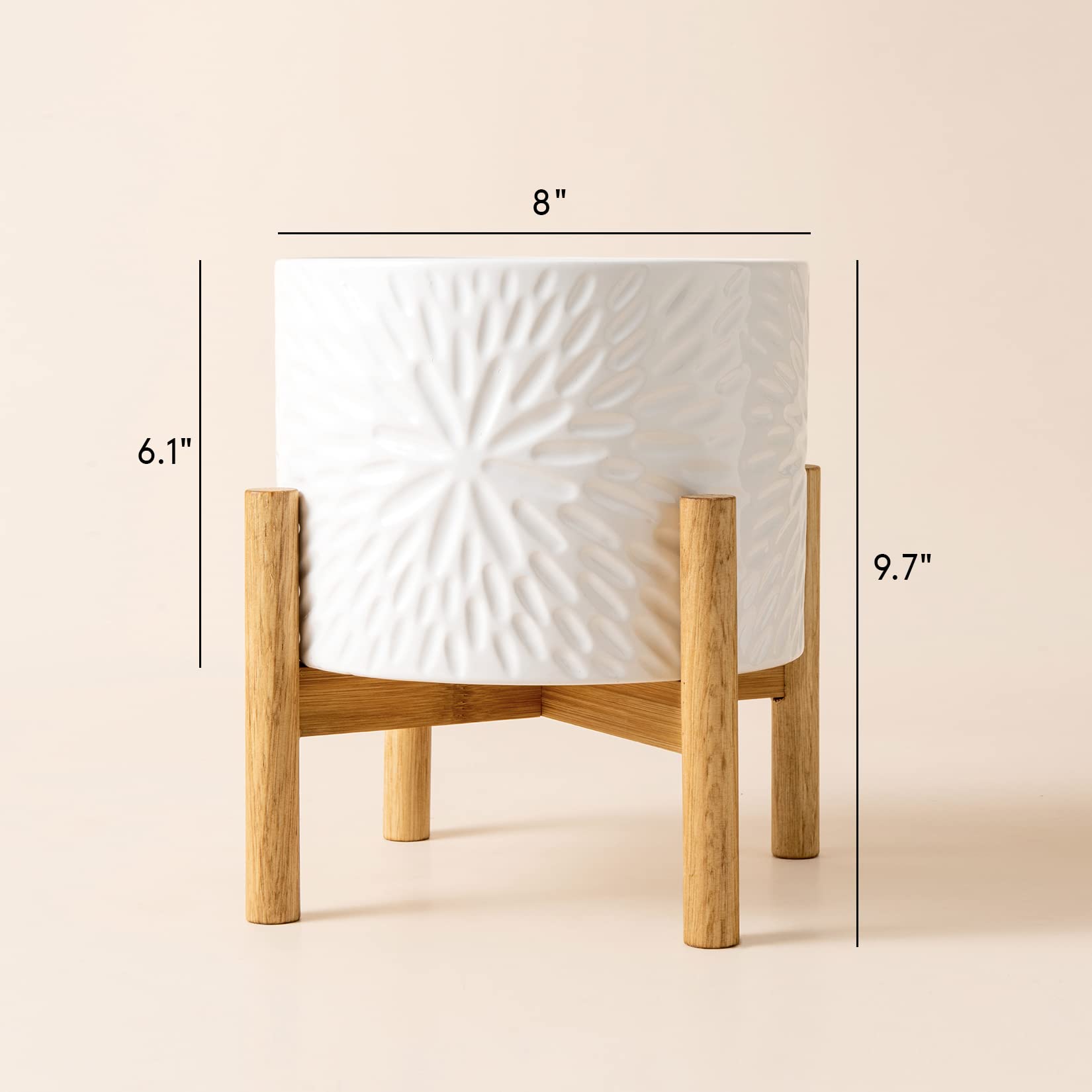 LA JOLIE MUSE Ceramic Plant Pot with Wood Stand - 8 Inch Unique Modern Flower Pots Indoor with Wood Planter Holder with Drainage, Bright White