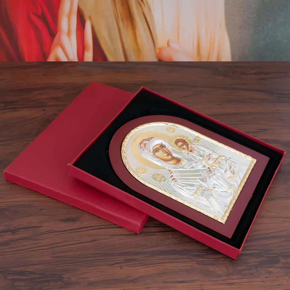 Icona ortodossa della Vergine Maria e Gesù Bambino, placcata in argento e oro, perfetta per la casa o la chiesa (rosso)