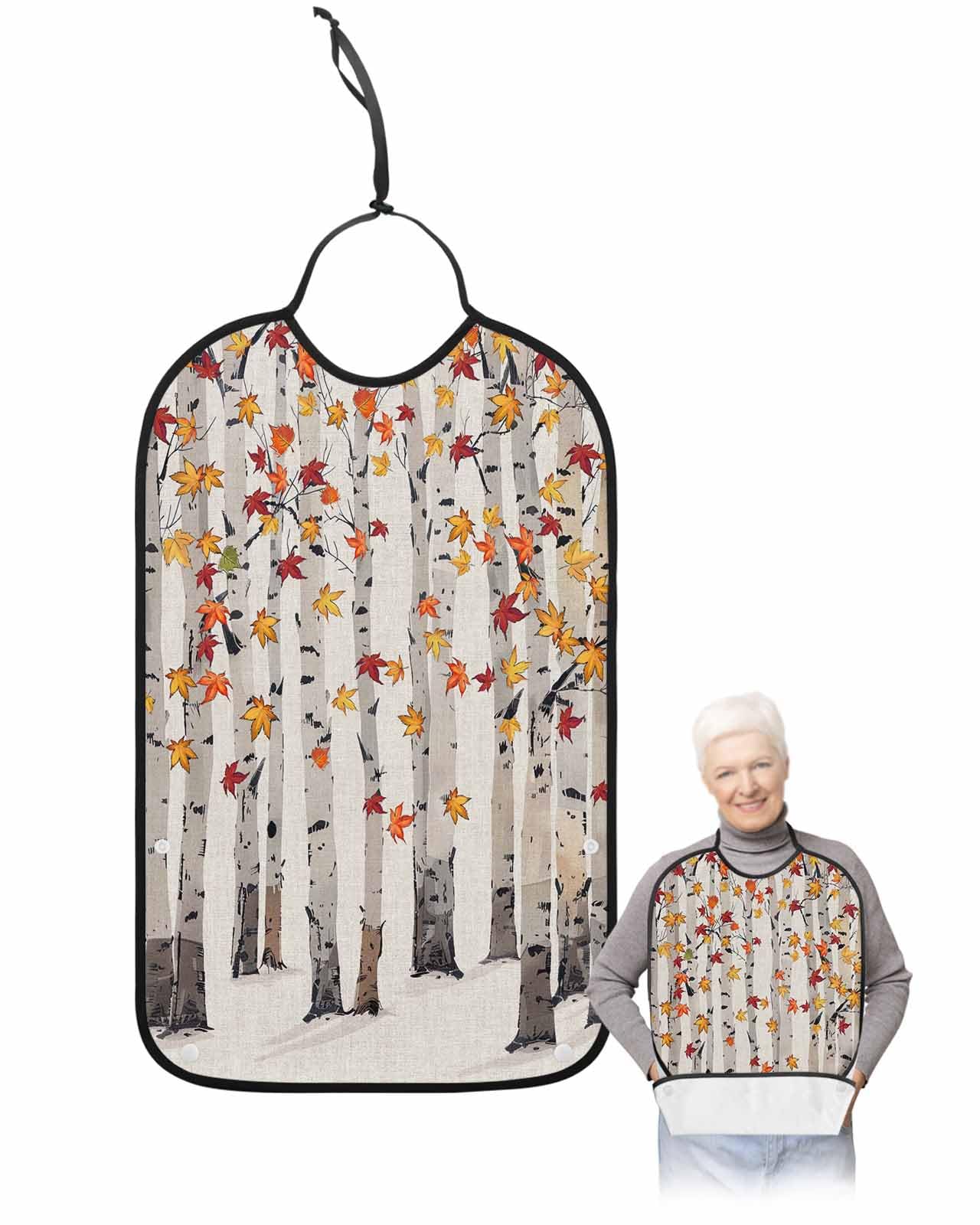 Jolunifun Fall Maple Leaves Adult Bib for Adults Men, Women, Orange Autumn Forest Tree Washable & Adjustable Terry Cloth Bib with Crumb Catcher Reusable Waterproof Clothing Clothes Protector Apron