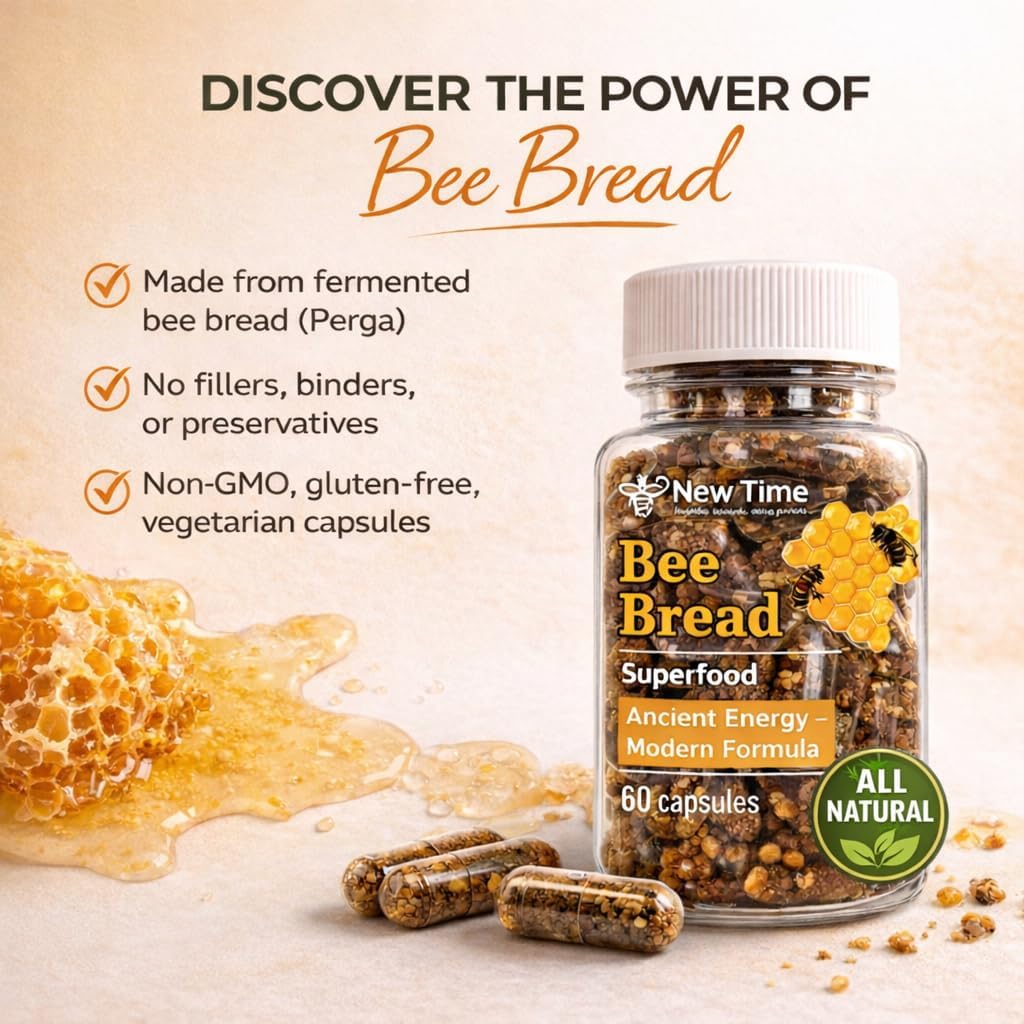 Bee Bread 60 Veggie Capsules - Raw Organic Fermented Bee Pollen (Perga) – Natural Multivitamin Superfood for Energy & Vitality – Immune Support Supplement, Gluten-Free, No Synthetic Additives