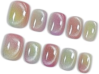 Press on Nails with Tools Kit, Short Oval Fake Nails in Dopamine Colors, Summer Cat Eye Gel Nails, Handmade Tips Cute & Vibrant Style for Women Daily & Pool Parties(Size XS)