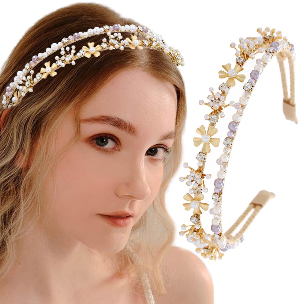 Firuilo Gold Double Headbands Gray Pearls Hair Bands Bling Crystal Rhinestones Head Bands Bride Wedding Diamond Hair Hoop for Women