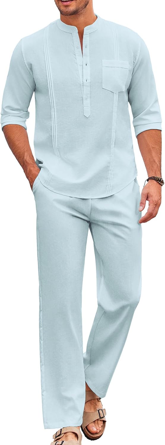 COOFANDY Men's 2 Piece Cotton Sets Casual Long Sleeve Cuban Henley Shirt and Loose Pants Set Beach Vacation Outfits