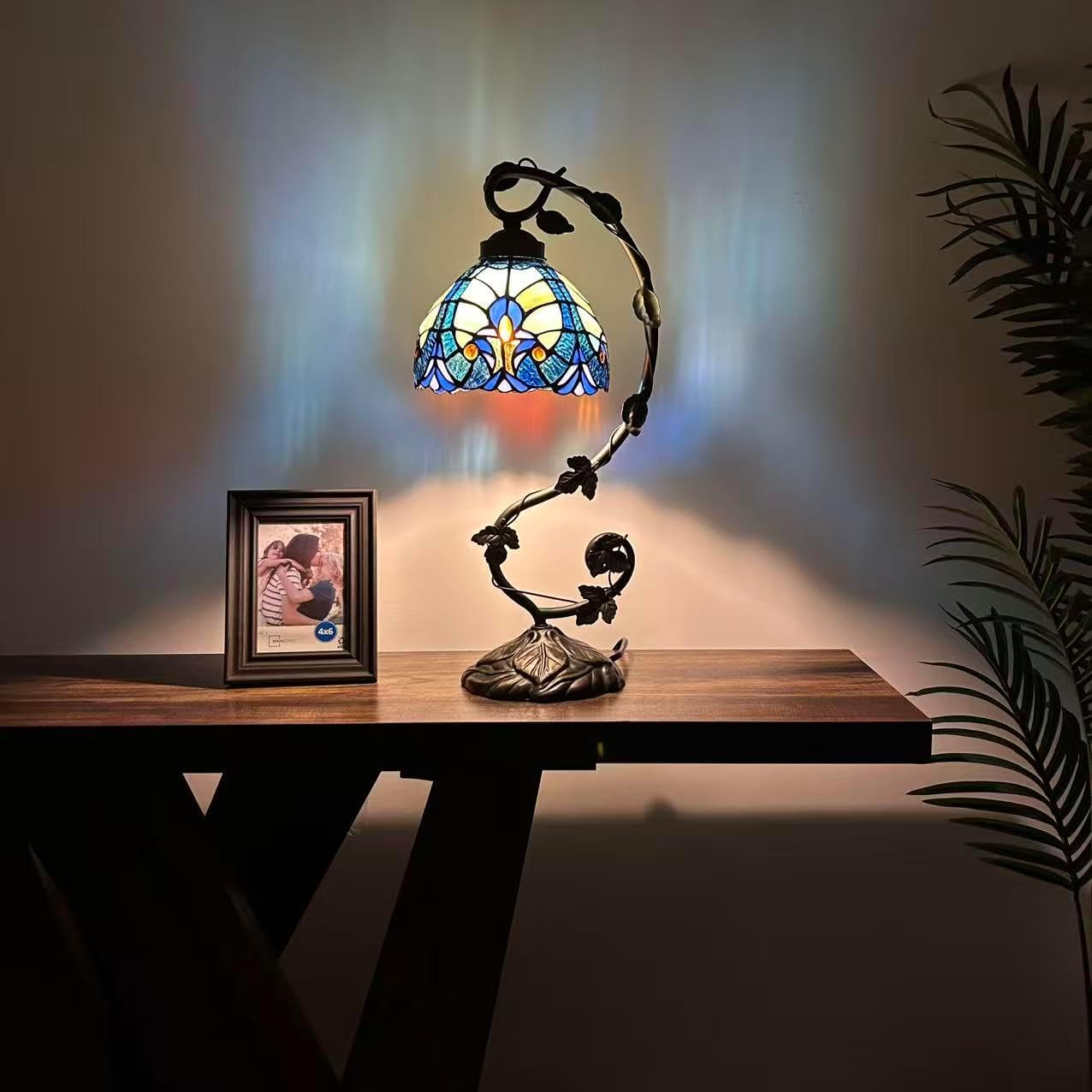 Tiffany Table Lamp Blue Stained Glass Included LED Bulb Liaison Lamp for Living Room Bedroom Bedside 21" H*11" W*8" D