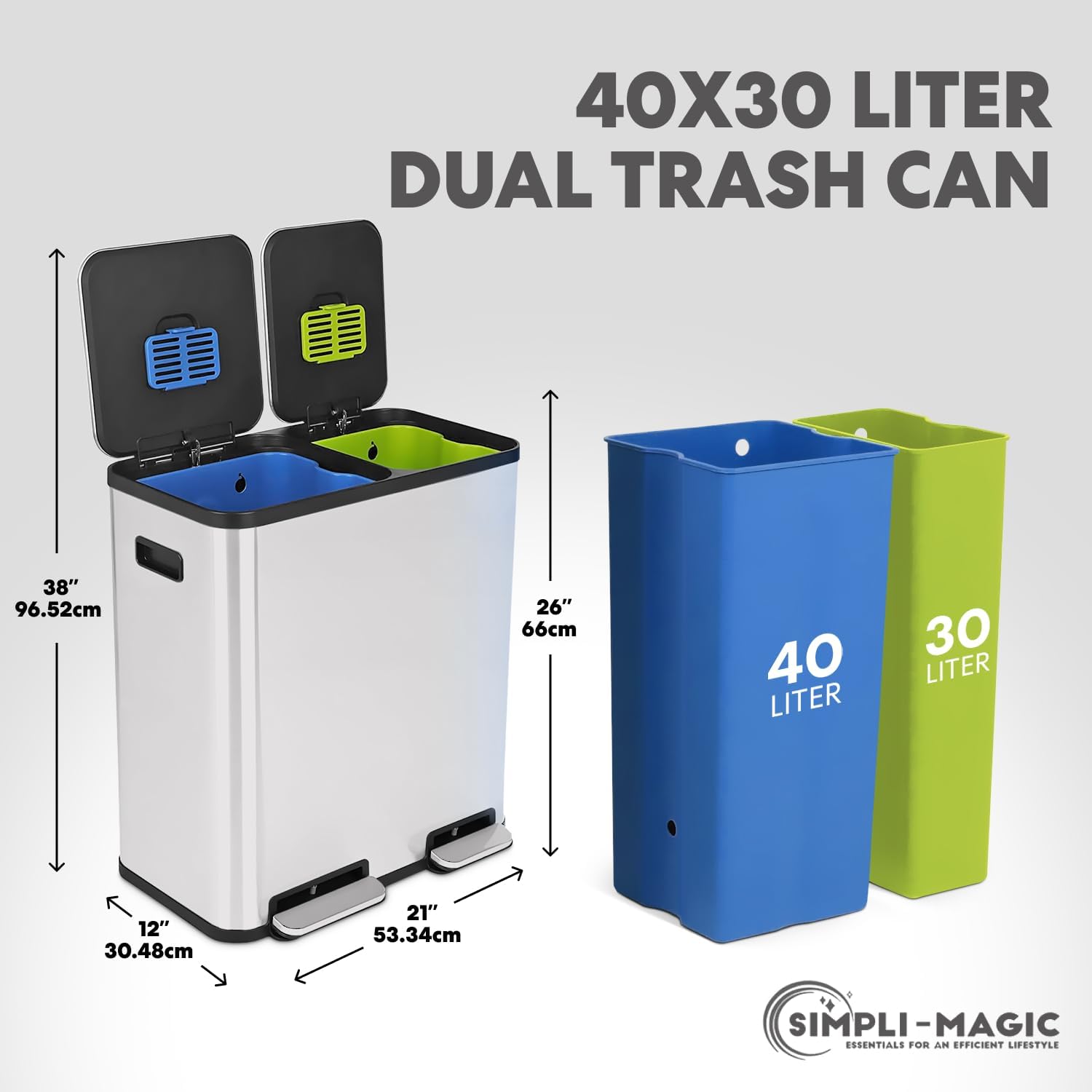 Simpli-Magic 70 Liter / 18.5 Gallon Rectangular Hands-Free Dual Compartment Recycling Kitchen Step Trash Can with Soft-Close Single Lid, Stainless Steel (40L x 30L Capacity), White