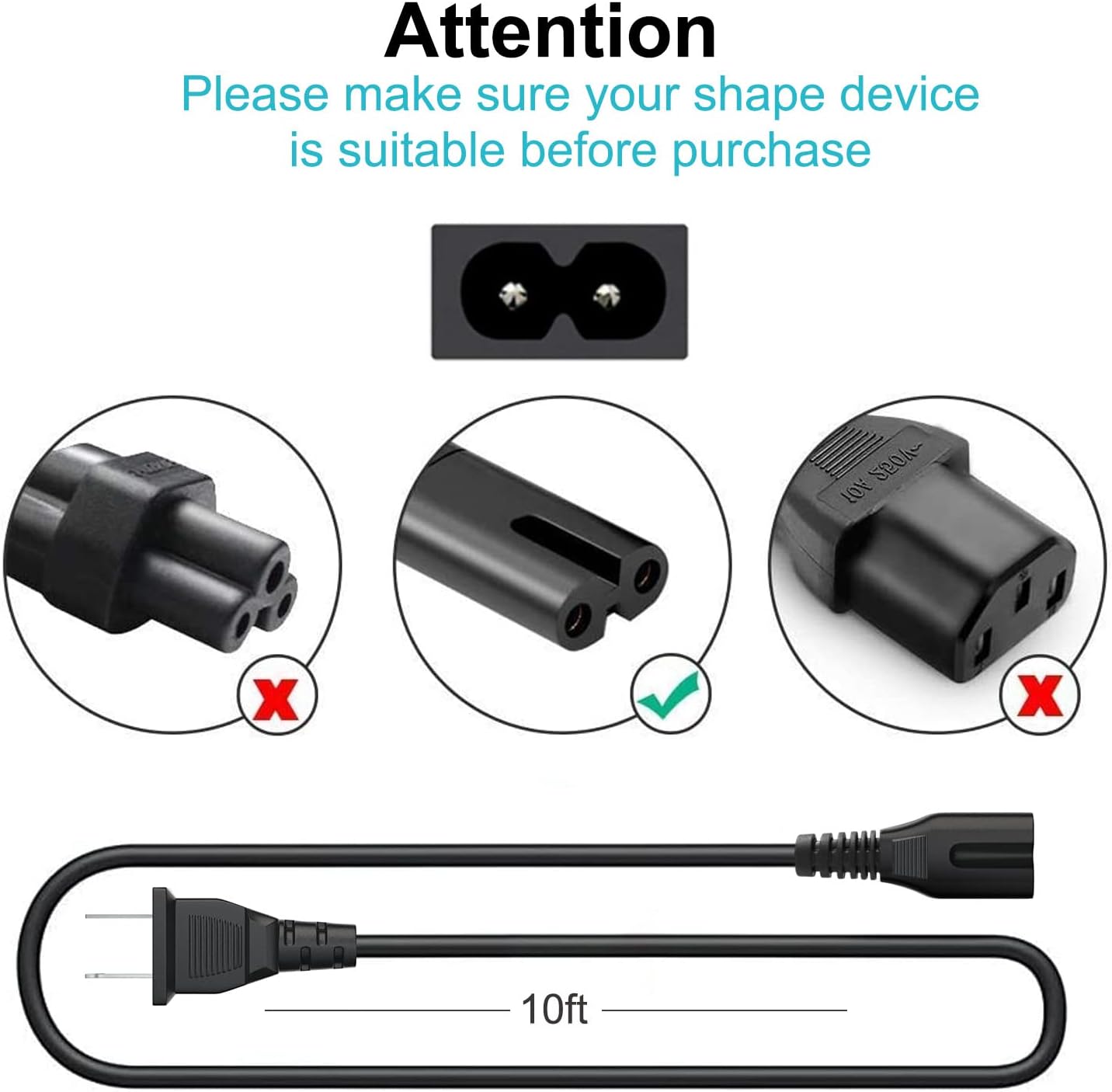 10 Feet 2 Prong AC Power Supply Cord Compatible with Sony TCL Roku Samsung LG Haier Sony Insignia Jvc Sharp Toshiba Vizio Hisense Ultra HD Smart LCD TV Monitor 2 Prong Power Supply Cable