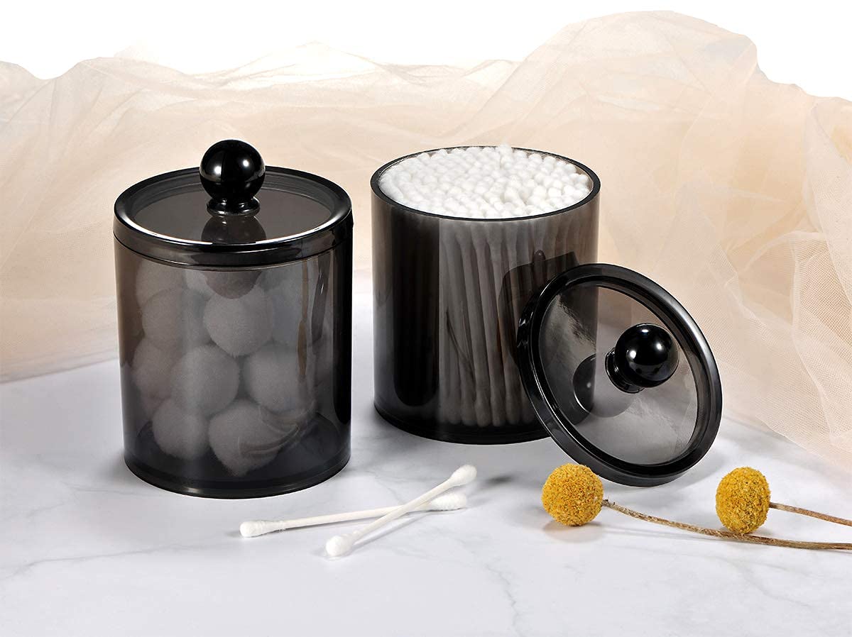 Topinon Plastic Acrylic Bathroom Vanity Countertop Canister Jars with Storage Lid, Apothecary Jars Qtip Holder Makeup Organizer for Cotton Balls,Swabs,Pads,Bath Salts (Black Pack of 4)