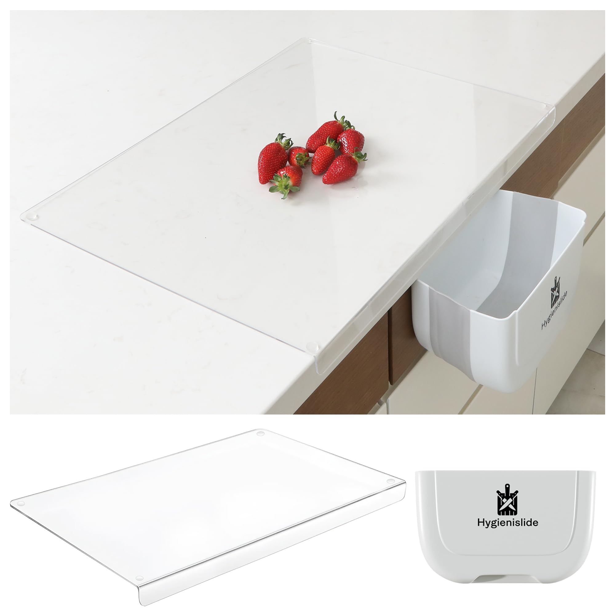 2-in-1 Acrylic Cutting Board with Bin & counter lip – Extra Large countertop acrylic board 23.8 x 17.7 in (60 x 45 cm), Mess-Free, Space-Saving Chopping Board for Kitchen