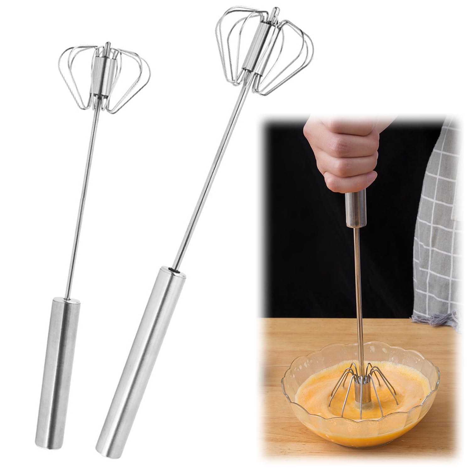 2 Pezzi Fruste Da Cucina, Fruste Per Le Uova, Rotante a Spinta | Frusta Da Cucina In Acciaio Inossidabile, Frusta Semiautomatica In Acciaio Inox, Per La Miscelazione, Battere, Frustare