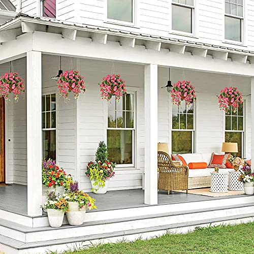 Artificial Flowers With Hanging Baskets, Fake Silk Orchid Rose Flowers Plants In Baskets, Faux Flower Centerpieces For Home Decoration Outdoor Garden Yard Patio Landscaping (Red) #TOP3