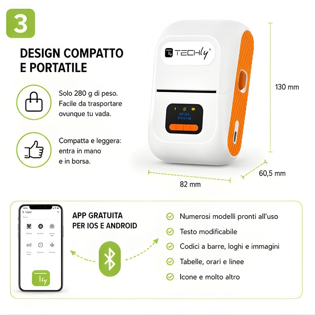 Techly 622830 Mini Etichettatrice Stampante Termica Bluetooth C/Display Portatile Ricarica USB-C™ Bianco