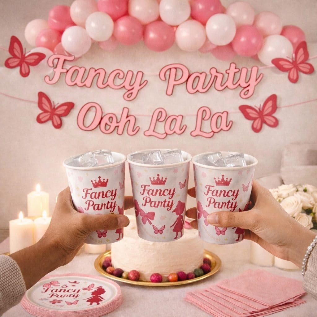 Fancy Party Decorations for Girls – Ooh La La Pink Birthday Party Supplies Set with Banner, Plates, Cups, Napkins & Balloon Garland – Princess Theme Birthday Set