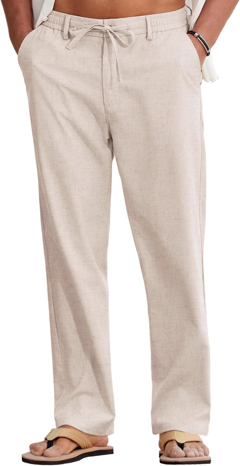 COOFANDY Mens Cotton Linen Pants Casual Drawstring Summer Beach Pants Lightweight Linen Dress Trousers