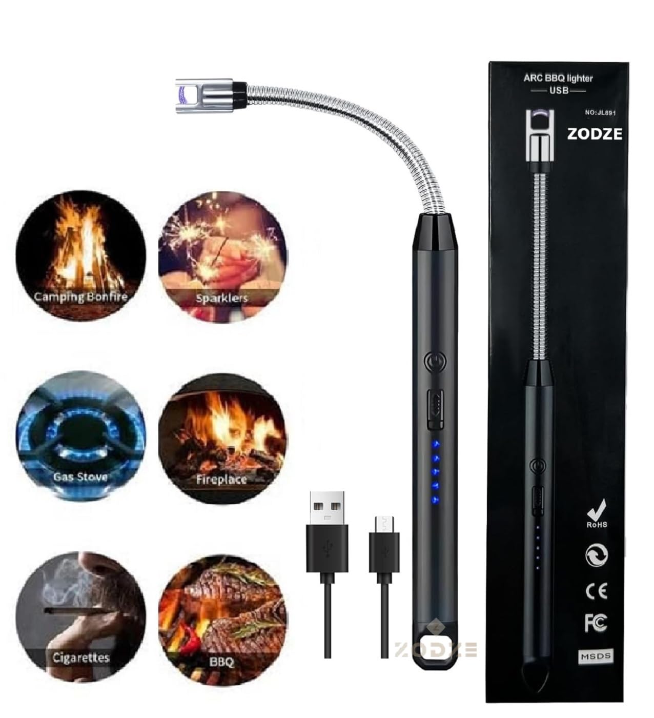 ZODZE USB Plasma Rechargeable Electric Gas Lighter for Kitchen, Pooja Room, Candles, BBQ, Multi Purpose - 360 Degree Flexible & Windproof (Multicolor)