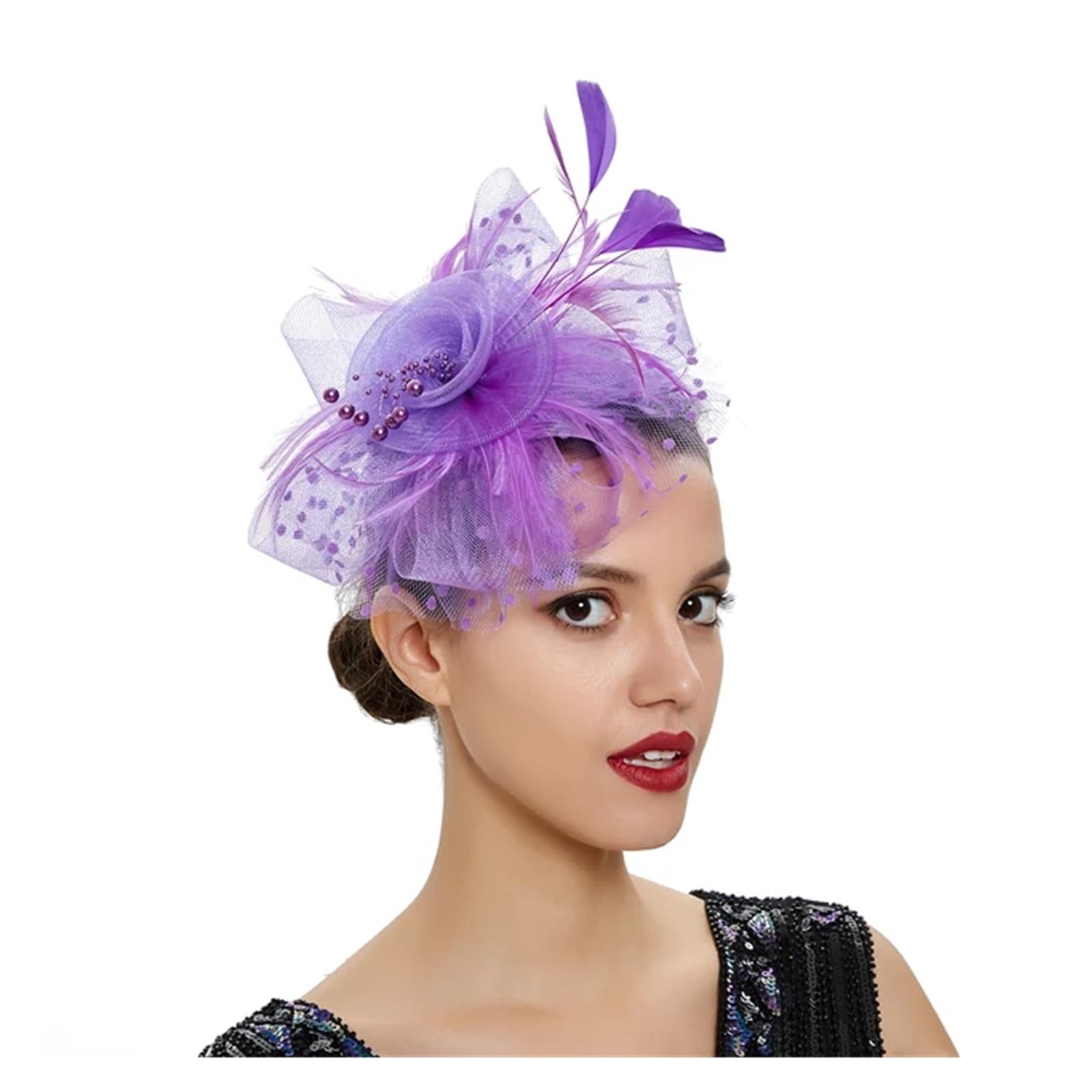 UALXPAO Wedding Hats Women Feather Flower Fascinator Hat Ladies Hair Accessories Wedding Party Floral Mesh Veil Headband Hairpin for Tea Party,Weddings(PURPLE)