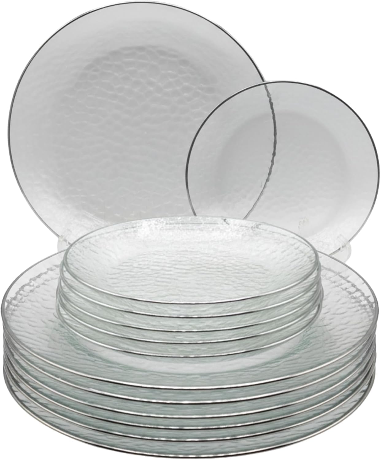 Luxia 20Pcs Elegant Durable Clear Hammered Plastic Plates with Silver Edge –10 Dinner Plastic Plates and 10 Dessert Plates Set Reusable Dinner Plates – Stylish Partyware Tableware for Party & Event