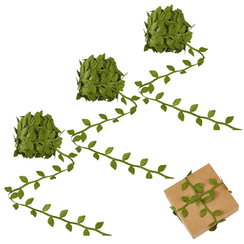 HOBBIESAY 3 Roll 30m Green Leaf Ribbon 38mm Wide Artificial Vines Leaves Ribbons Trim Rope for Gift Wrapping Olive Green Garland Rattan Leaf String for DIY Crafts Party Wedding Christmas Home Decor