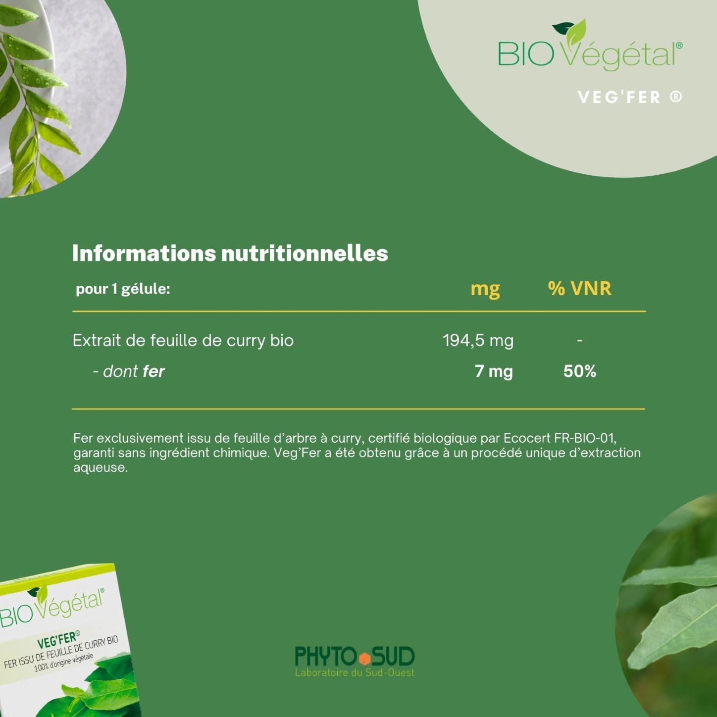 Phyto Sud Veg'Fer - Complément Fer Bio - Fer Complément Alimentaire d'Origine Végétale - Extrait de Feuille de Curry Bio - 60 Gélules de Fer Bio - Cure de 2 Mois - Fabriqué en France