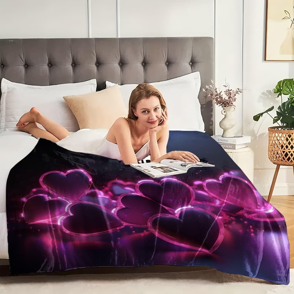 Coperta Pile 180x220 cm Cuore Romantico Al Neon Coperta Plaid Pile Divano Blanket in Flanella, Viola Coperta Letto Matrimoniale Calore Morbida, Coperta Leggera Per Campeggio e Viaggi