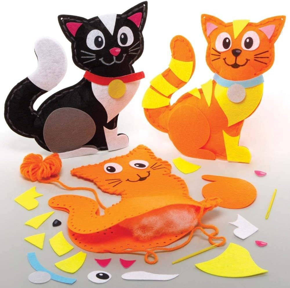 Baker Ross FE366 Cat Cushion Sewing Kits - Pack of 2, Sewing Set for Children, Creative Activities for Kids, Ideal Arts and Crafts Project