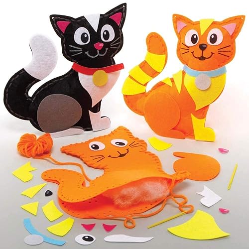 Baker Ross FE366 Kit de costura para cojín de gato, 2 unidades, juego de costura para niños, actividades creativas para niños, proyectos de