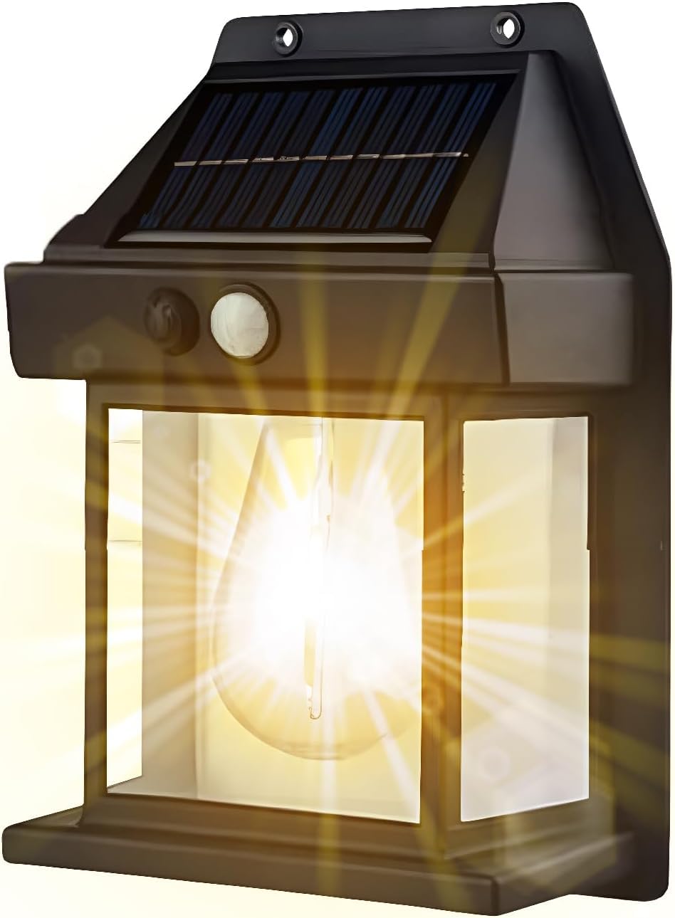 HELCEKOU Solar Motion Sensor LED Wall Light Outdoor Waterproof Security Lighting for Patio Yard 2023 Wireless Dusk to Dawn Tungsten Sconce (Black)