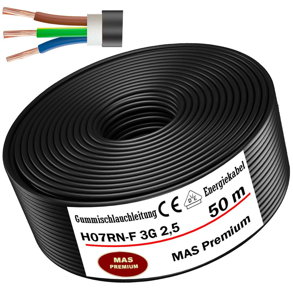 Cavo in gomma da 5 a 100 m, cavo di alimentazione per cantieri H07RN-F 3G2,5 mm², cavo flessibile con cavo di protezione per dispositivi pesanti (50 m)