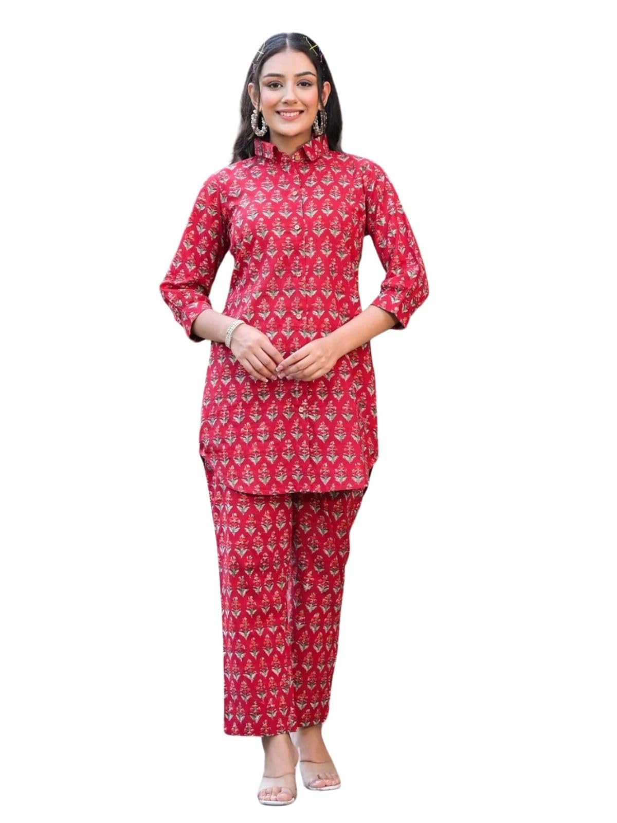 Greciilooks Women Cotton Blend Printed Casual Regular Fit Coord Set (Pink, Large)